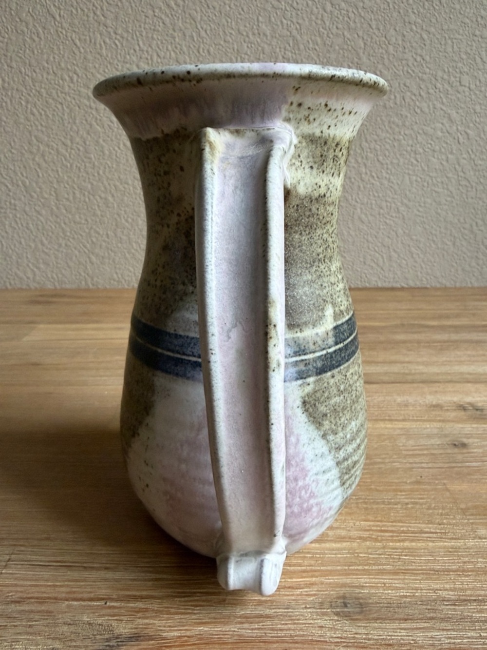 Handcrafted Speckled Ceramic Pitcher in Beige with Blue Stripe - Picture 7 of 13